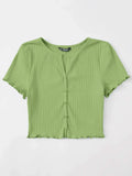 Buy SHEIN EZwear Button Front Lettuce Trim Rib-knit Tee in Pakistan