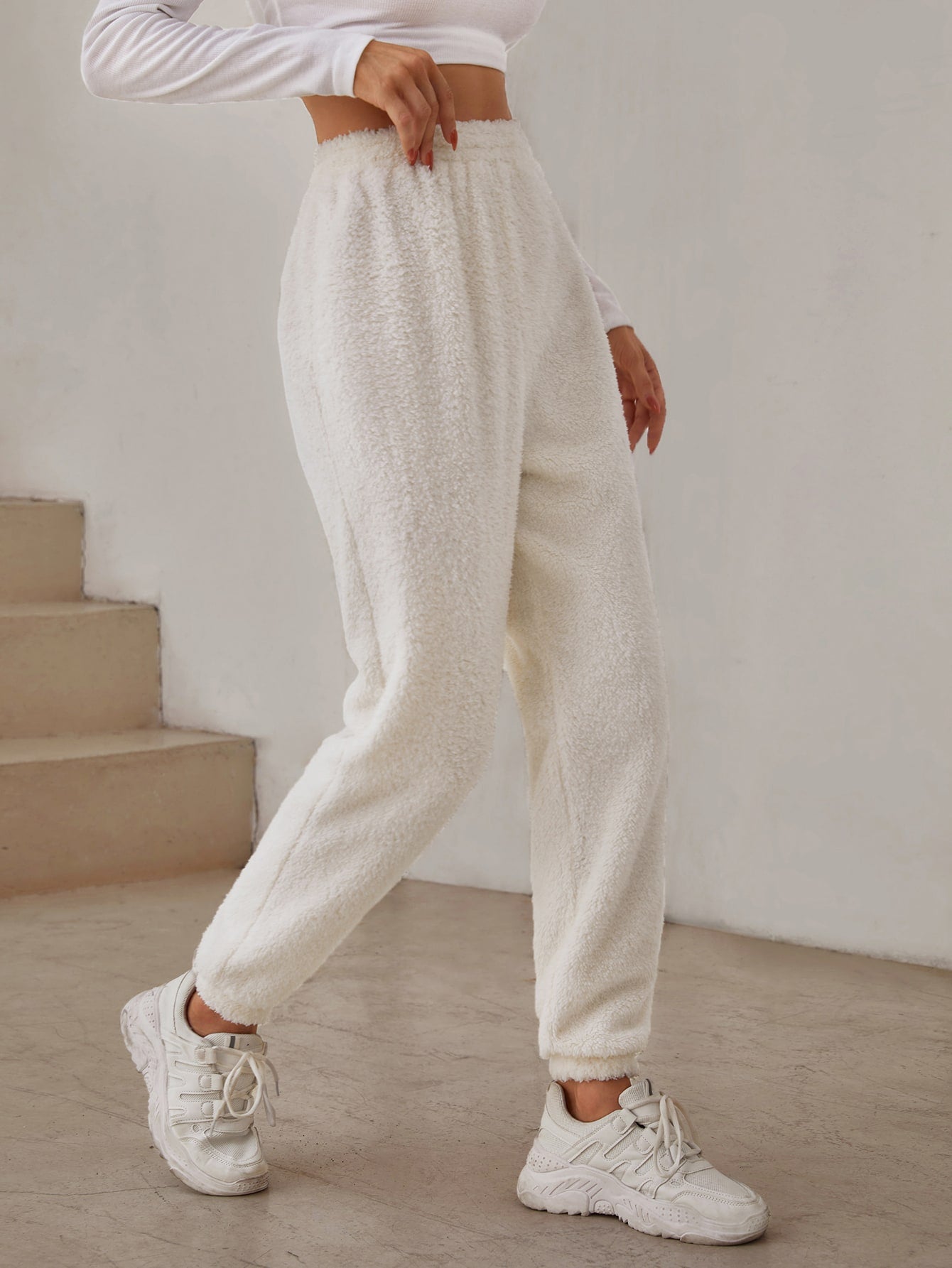 Buy SHEIN EZwear Elastic Waist Solid Teddy Pants in Pakistan