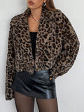 Buy SHEIN EZwear Fashionable Leopard Fluffy Cropped Regular Jacket, Autumn/Winter in Pakistan