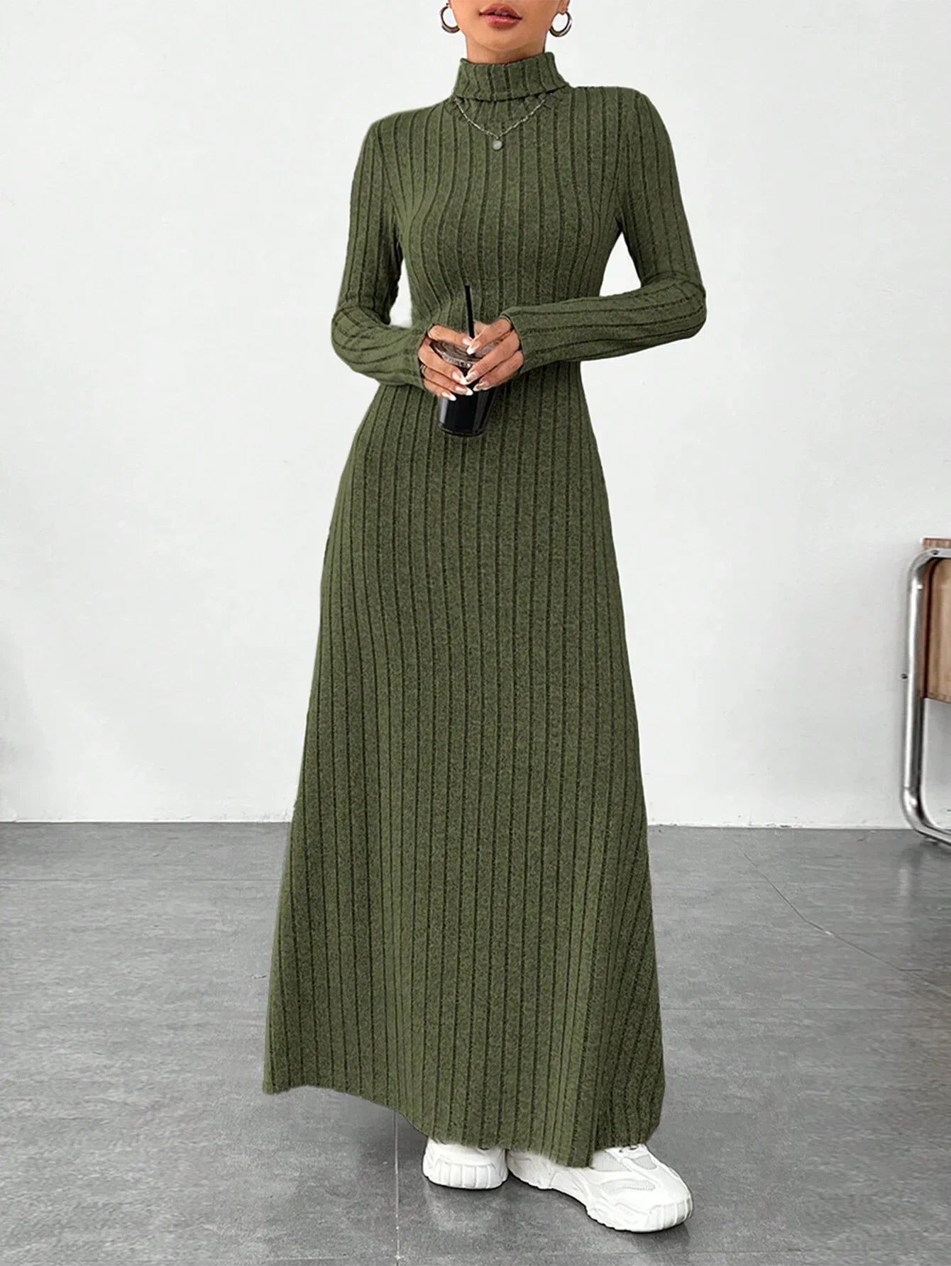 Buy SHEIN EZwear Green Turtleneck Solid Color Fleece Ribbed Dress in Pakistan