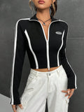 Buy SHEIN EZwear Letter Patched Detail Contrast Side Seam Raglan Sleeve Crop Jacket in Pakistan