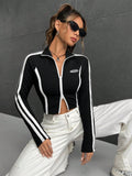 Buy SHEIN EZwear Letter Patched Detail Contrast Side Seam Raglan Sleeve Crop Jacket in Pakistan