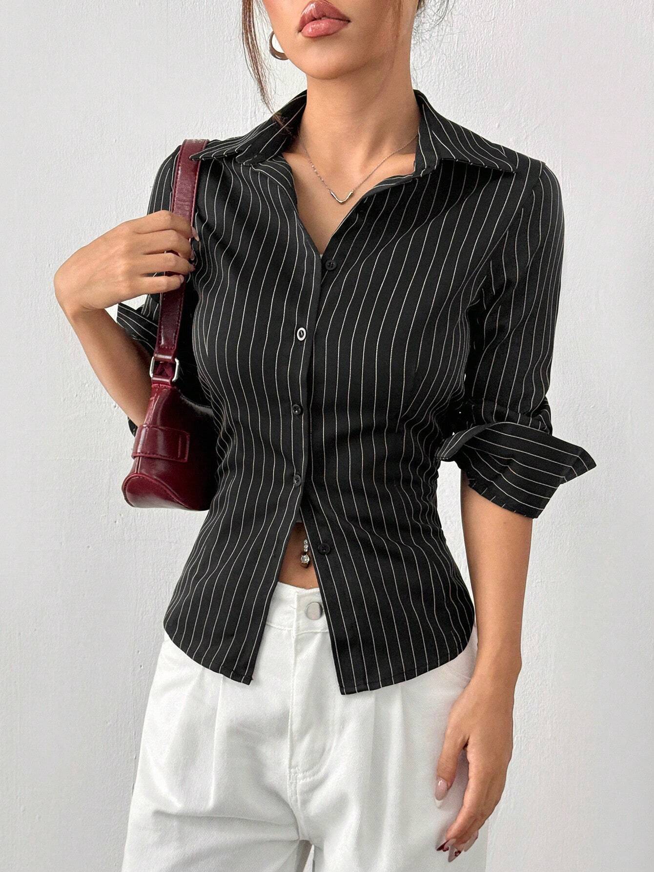 Buy SHEIN EZwear Women's Black & White Striped Woven Shirt in Pakistan