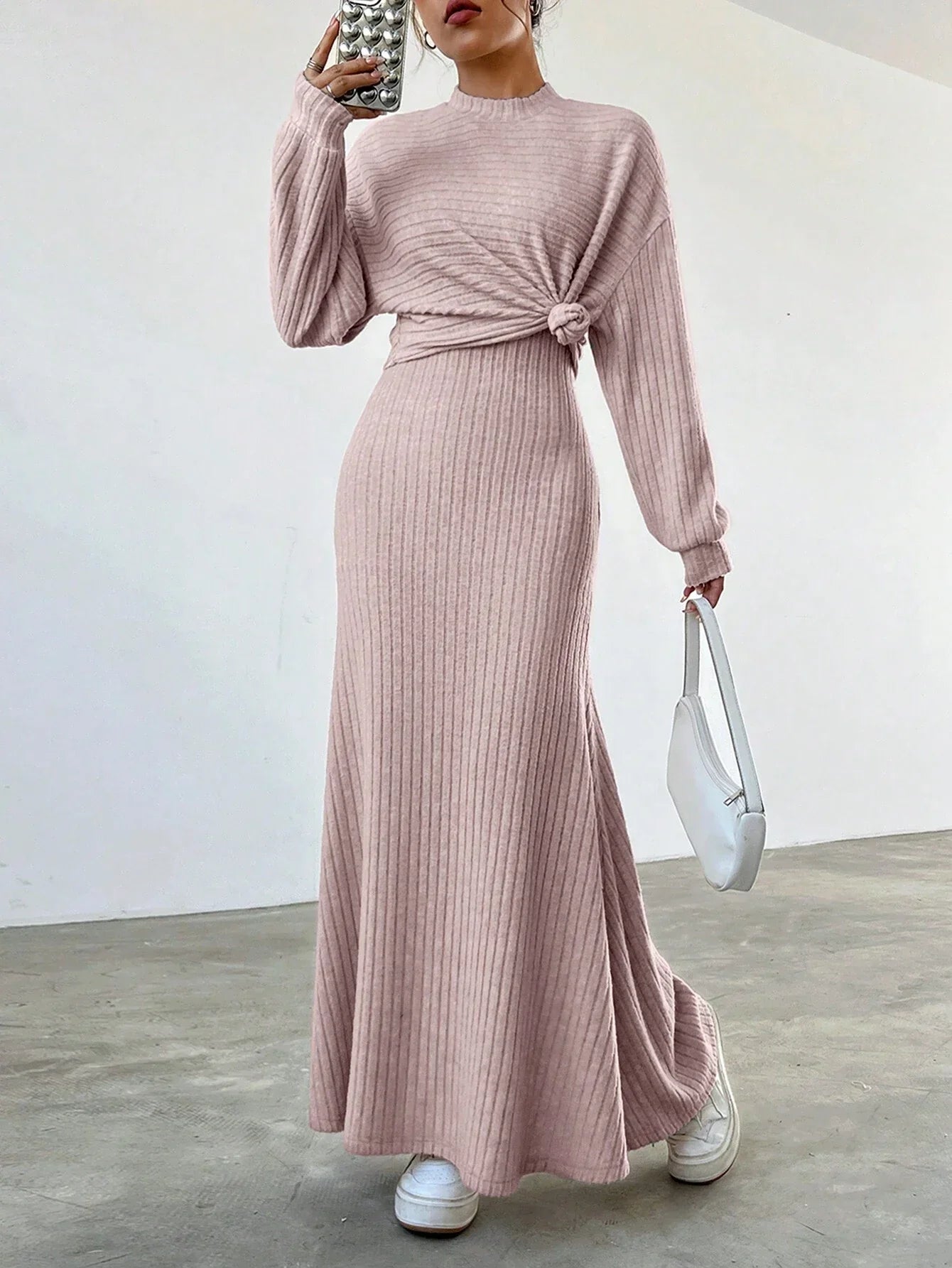 Buy SHEIN EZwear Women's Drop Shoulder Long Sleeve T-Shirt And Skirt Two Piece Set in Pakistan