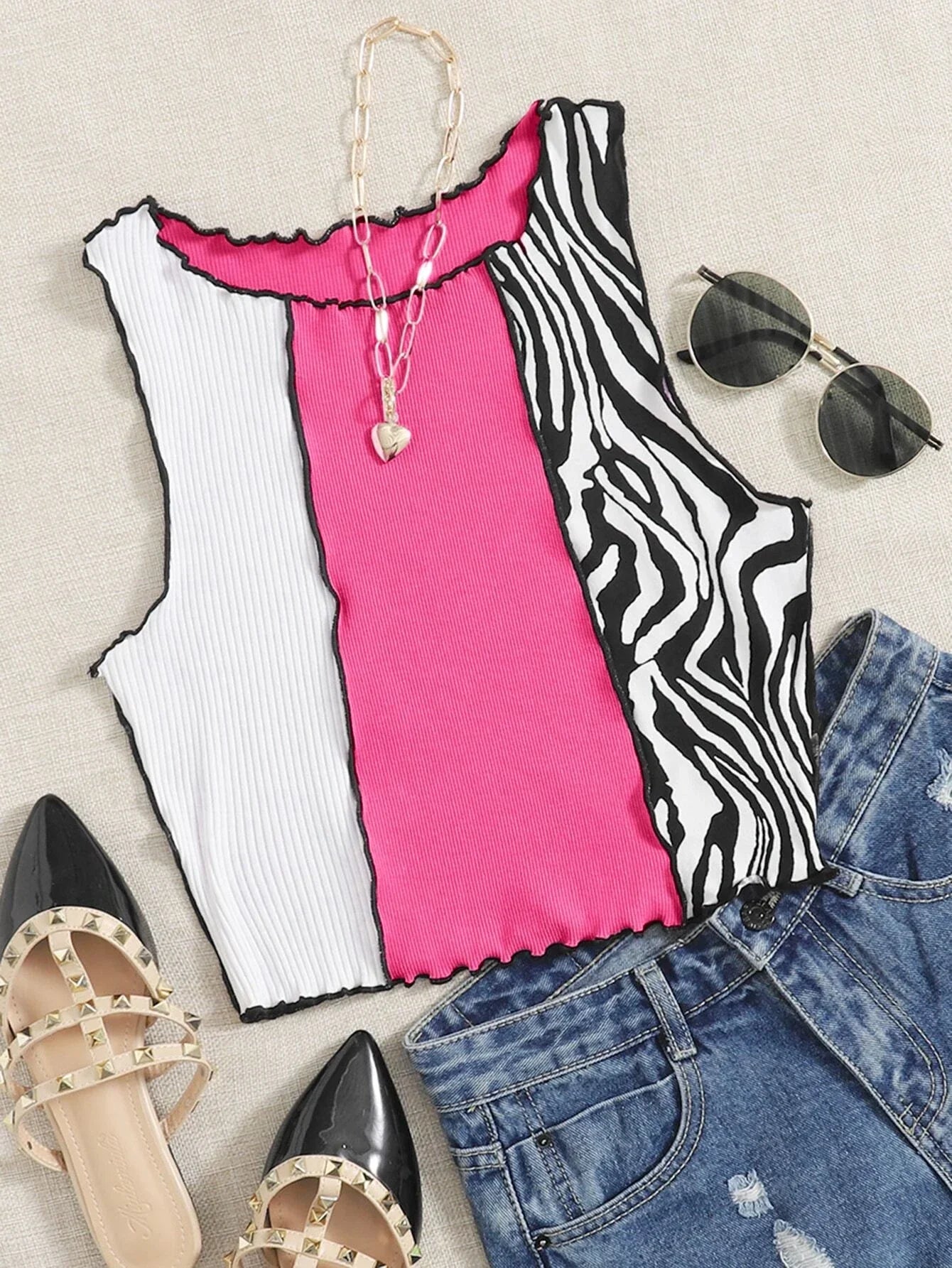 Buy SHEIN EZwear Zebra Stripe Colorblock Lettuce Trim Tank Top, Going Out Top in Pakistan