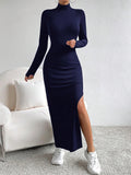 Buy SHEIN Essnce 1pc Women Solid Color Stand Collar Side Split Slim Fit Dress in Pakistan