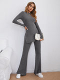 Buy SHEIN Essnce Mock-neck Split Side Rib-knit Tee and Flare Leg Pants Set in Pakistan