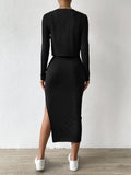Buy SHEIN Essnce Ribbed Knit Button Front Top & Split Thigh Bodycon Dress in Pakistan