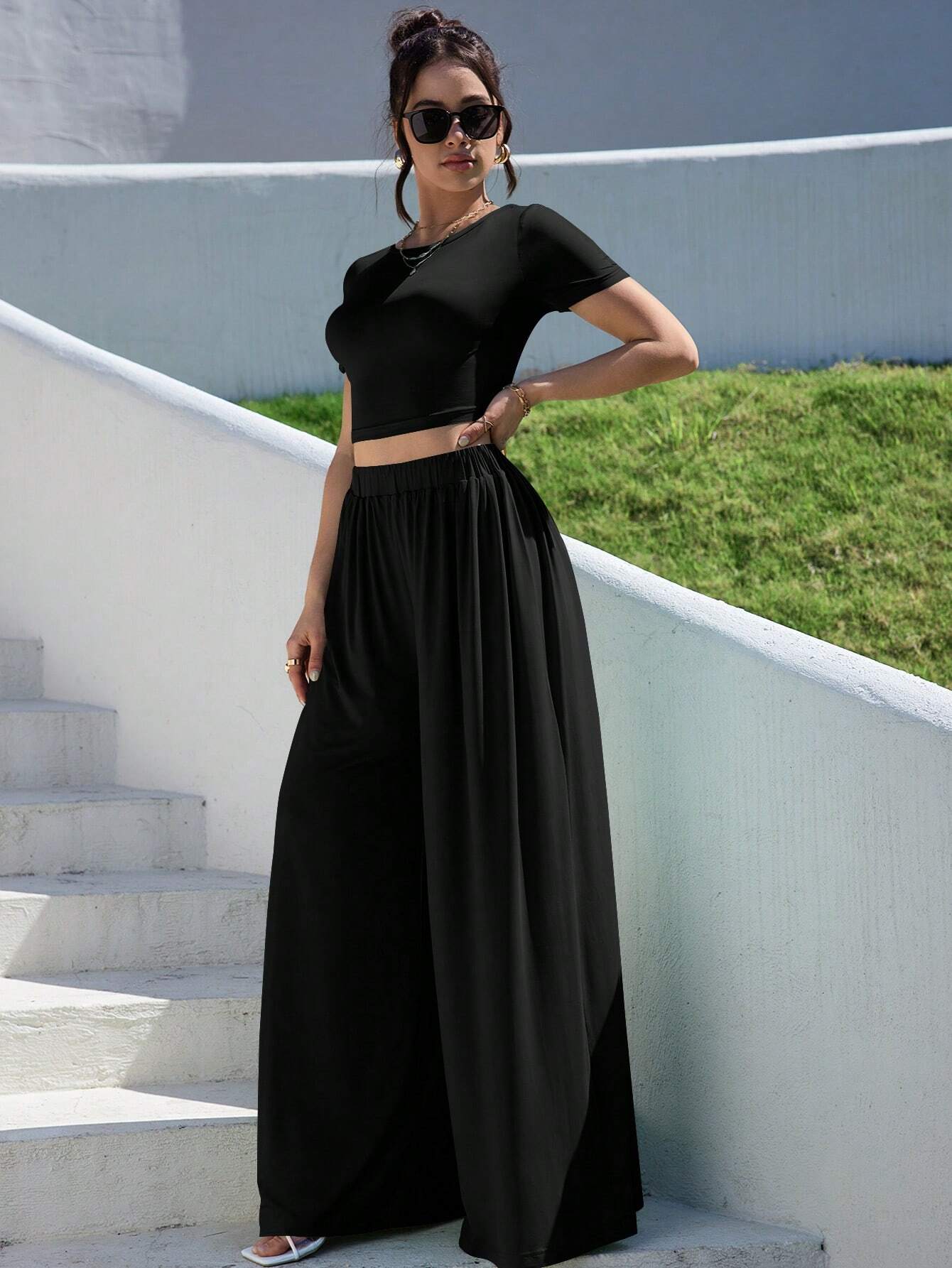 Buy SHEIN Essnce Solid Slim Fit Crop Tee & Fold Pleated Wide Leg Pants in Pakistan