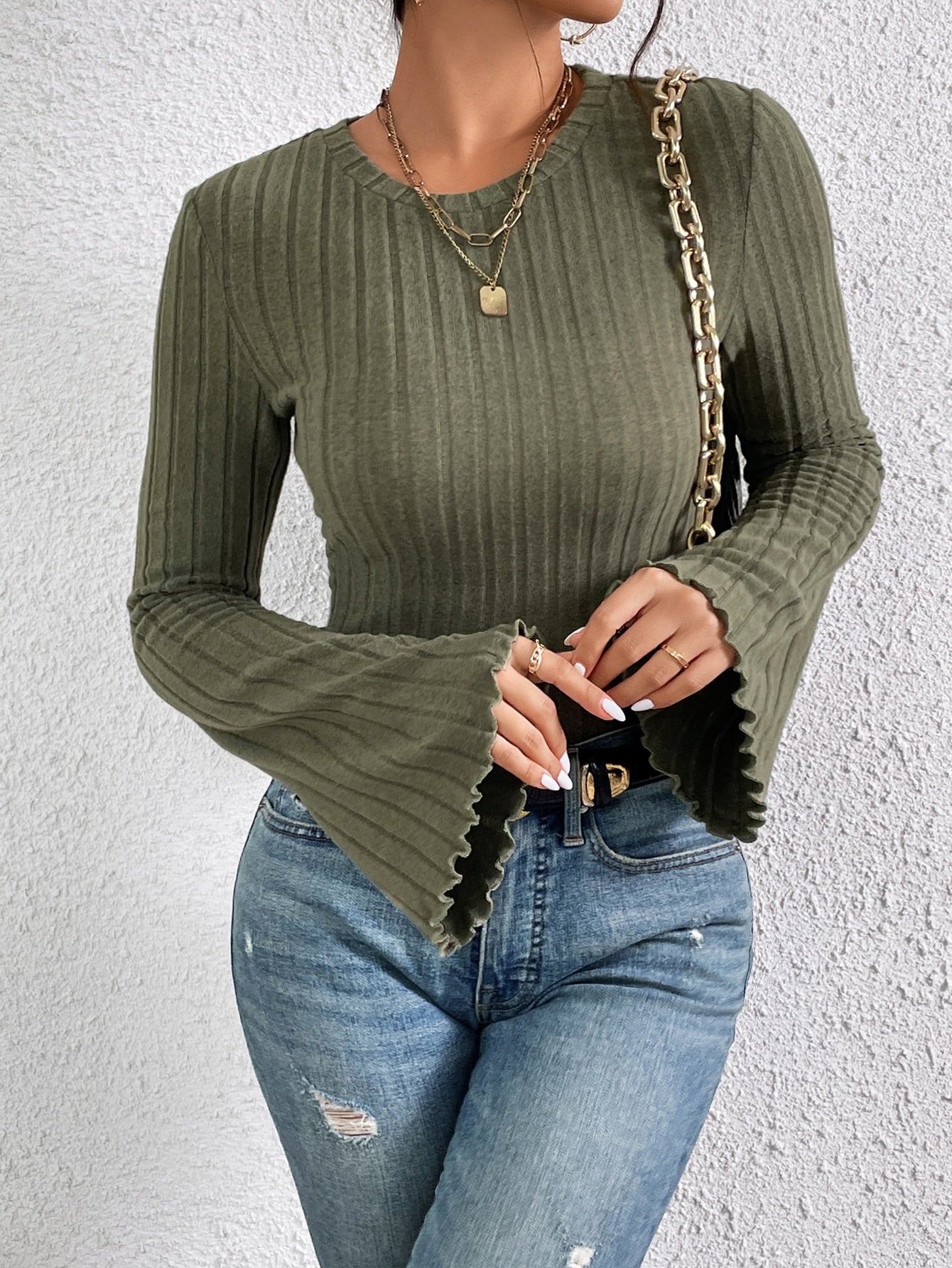 Buy SHEIN Frenchy Lettuce Trim Trumpet Sleeve Ribbed Knit Tee in Pakistan