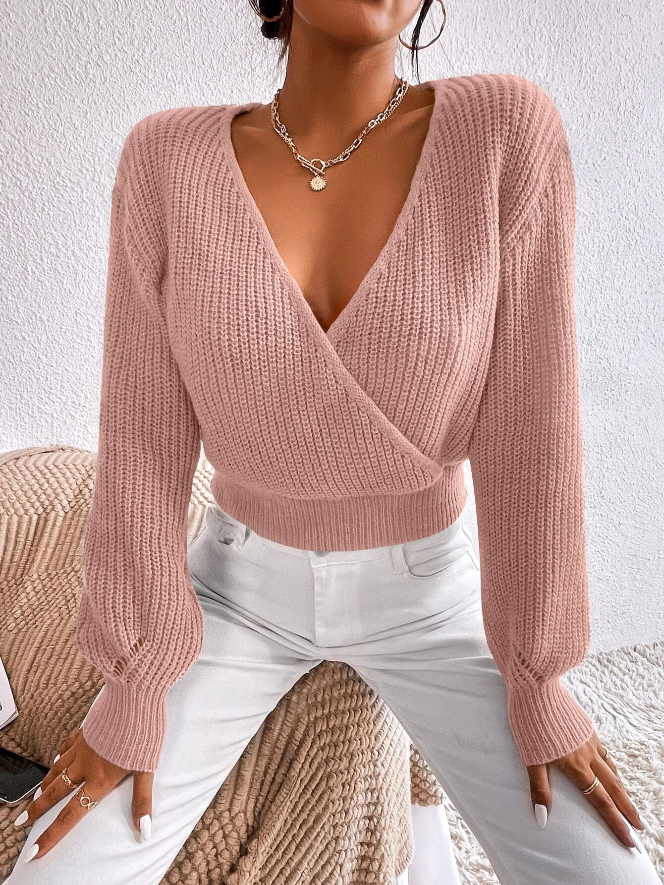 Buy SHEIN Frenchy Surplice Neck Drop Shoulder Sweater in Pakistan