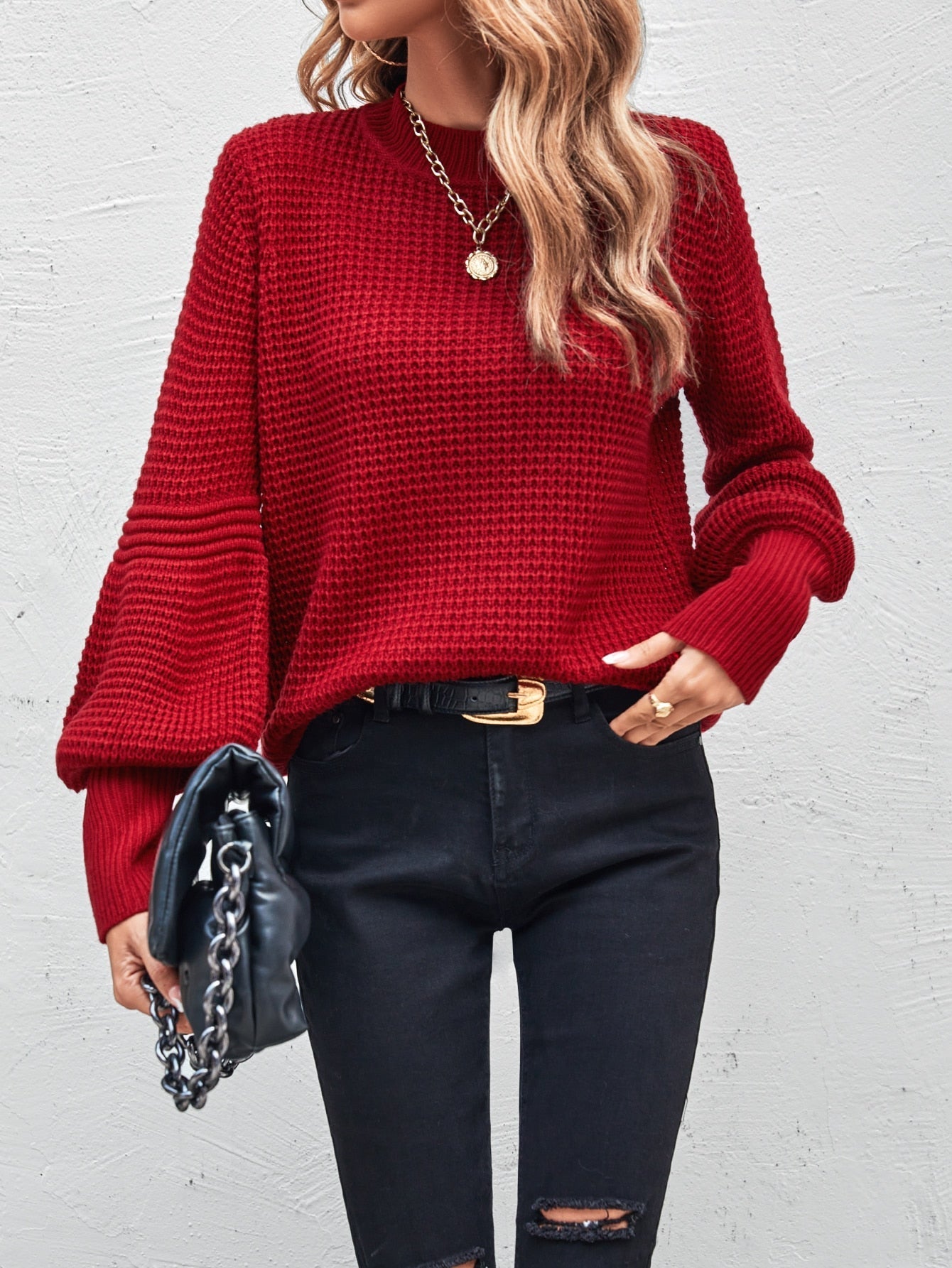 Buy SHEIN LUNE Mock Neck Lantern Sleeve Sweater in Pakistan