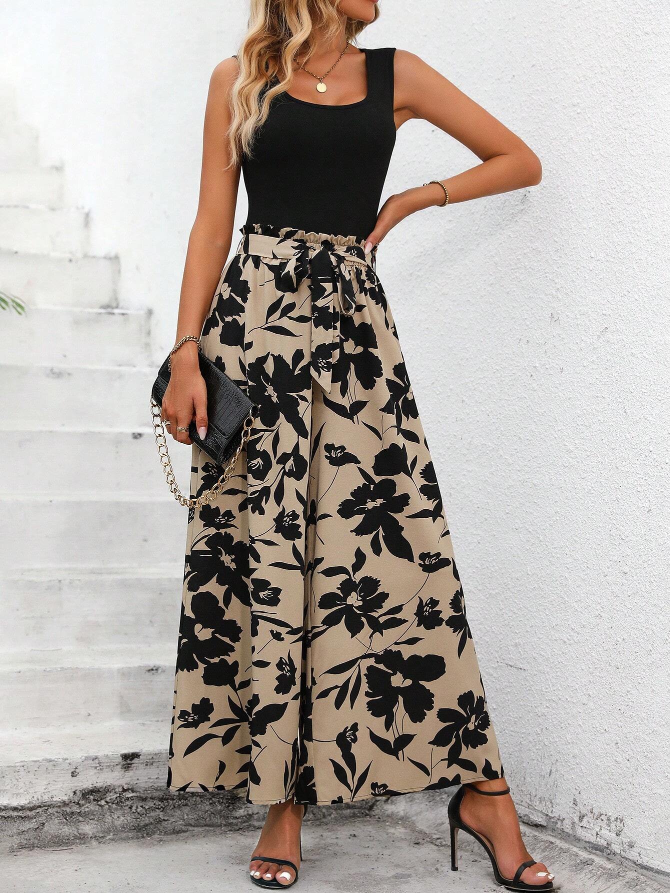 Buy SHEIN LUNE Solid Tank Top & Floral Print Wide Leg Pants in Pakistan