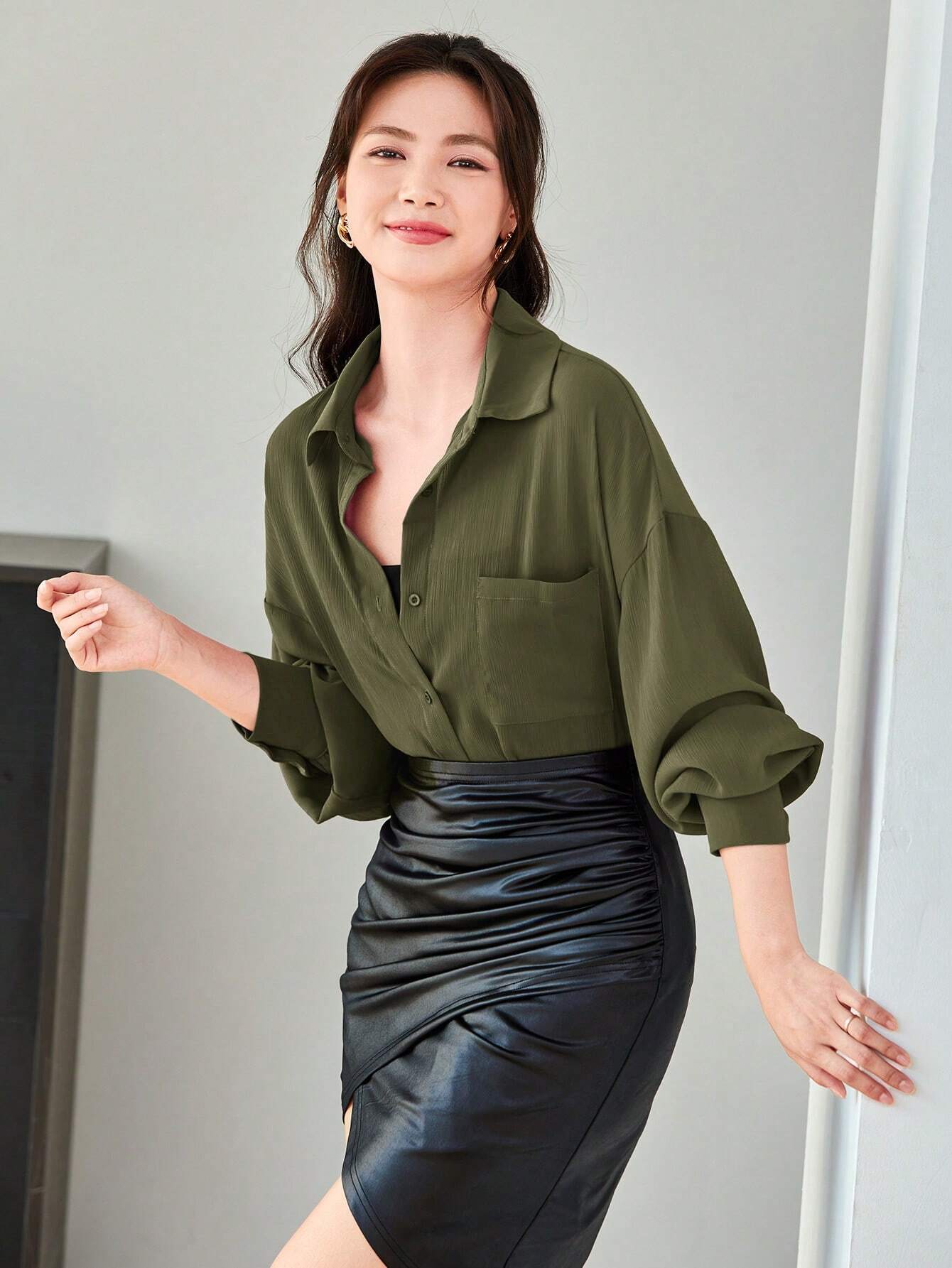 Buy SHEIN LUNE Women Spring/Summer Casual Solid Color Loose Fit Drop-Shoulder Shirt in Pakistan