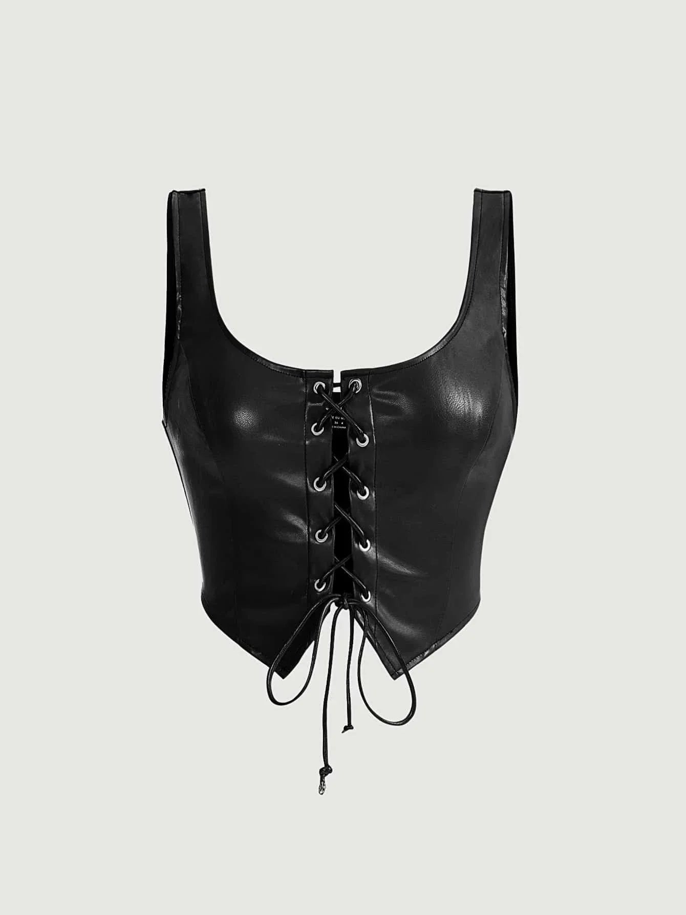Buy SHEIN MOD Black Crossed Frenulum Lace Up Front PU Leather Tank Top in Pakistan