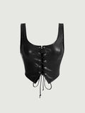 Buy SHEIN MOD Black Crossed Frenulum Lace Up Front PU Leather Tank Top in Pakistan