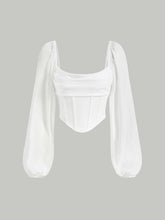 Buy SHEIN MOD Lantern Sleeve Ruched Scoop Neck Asymmetrical Hem Crop Top in Pakistan