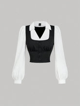 Buy SHEIN MOD Turndown Collar Long Sleeve Contrast Color Chest Ruched Black & White Contrast Color Shirt in Pakistan