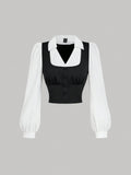 Buy SHEIN MOD Turndown Collar Long Sleeve Contrast Color Chest Ruched Black & White Contrast Color Shirt in Pakistan