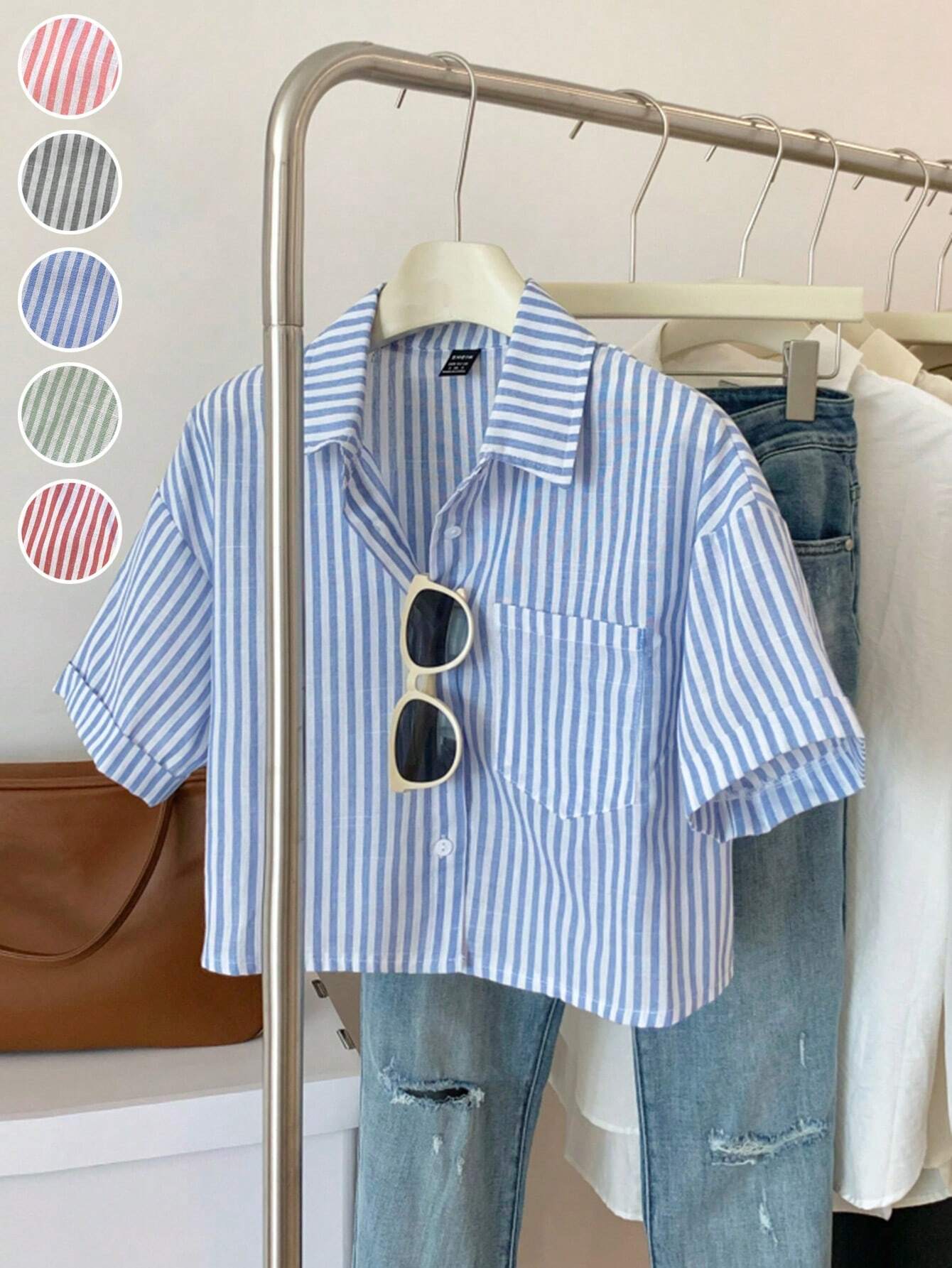 Buy SHEIN MOOSTA Striped Cropped Relaxed Casual Women Oversized Cuffed Sleeve Blouse, Linen Texture in Pakistan