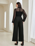 Buy SHEIN Modely Contrast Mesh Mock Neck Lantern Sleeve Wide Leg Jumpsuit in Pakistan