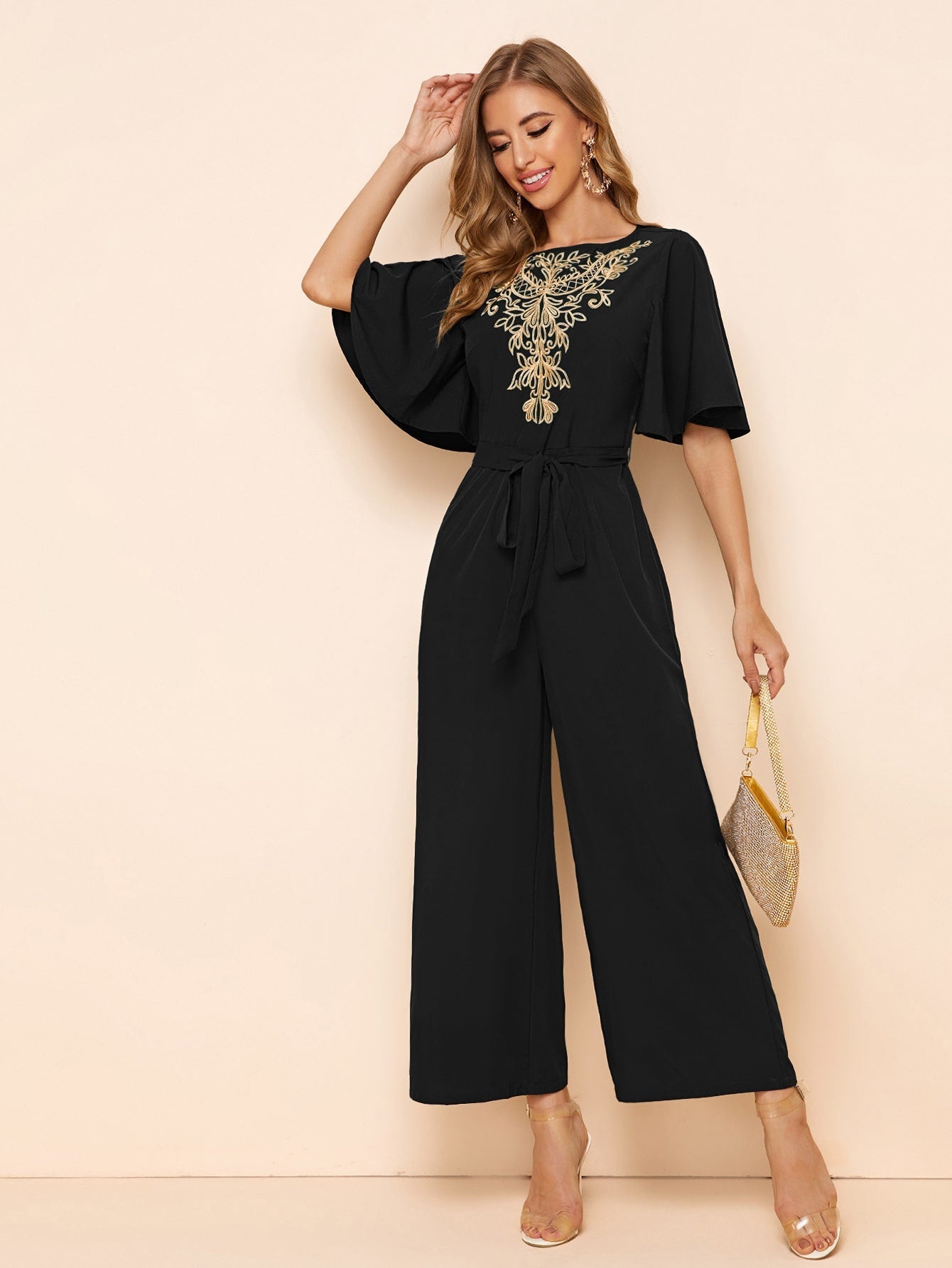 Buy SHEIN Modely Embroidery Detail Belted Palazzo Jumpsuit in Pakistan