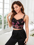 Buy SHEIN Modely Floral Print Contrast Lace Bow Front Crop Mesh Cami Sleep Top in Pakistan