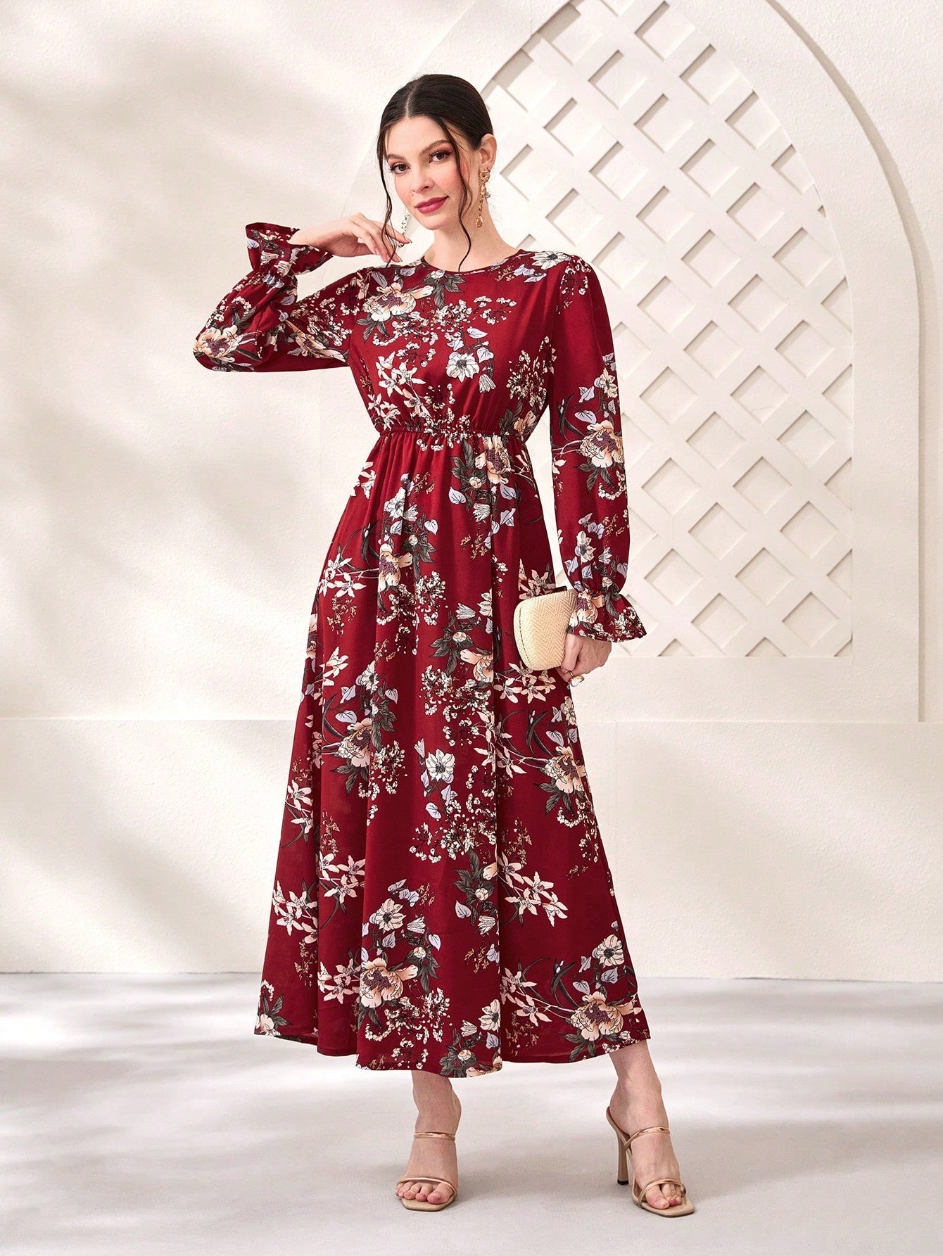 Buy SHEIN Modely Floral Print Flare Sleeve Dress in Pakistan