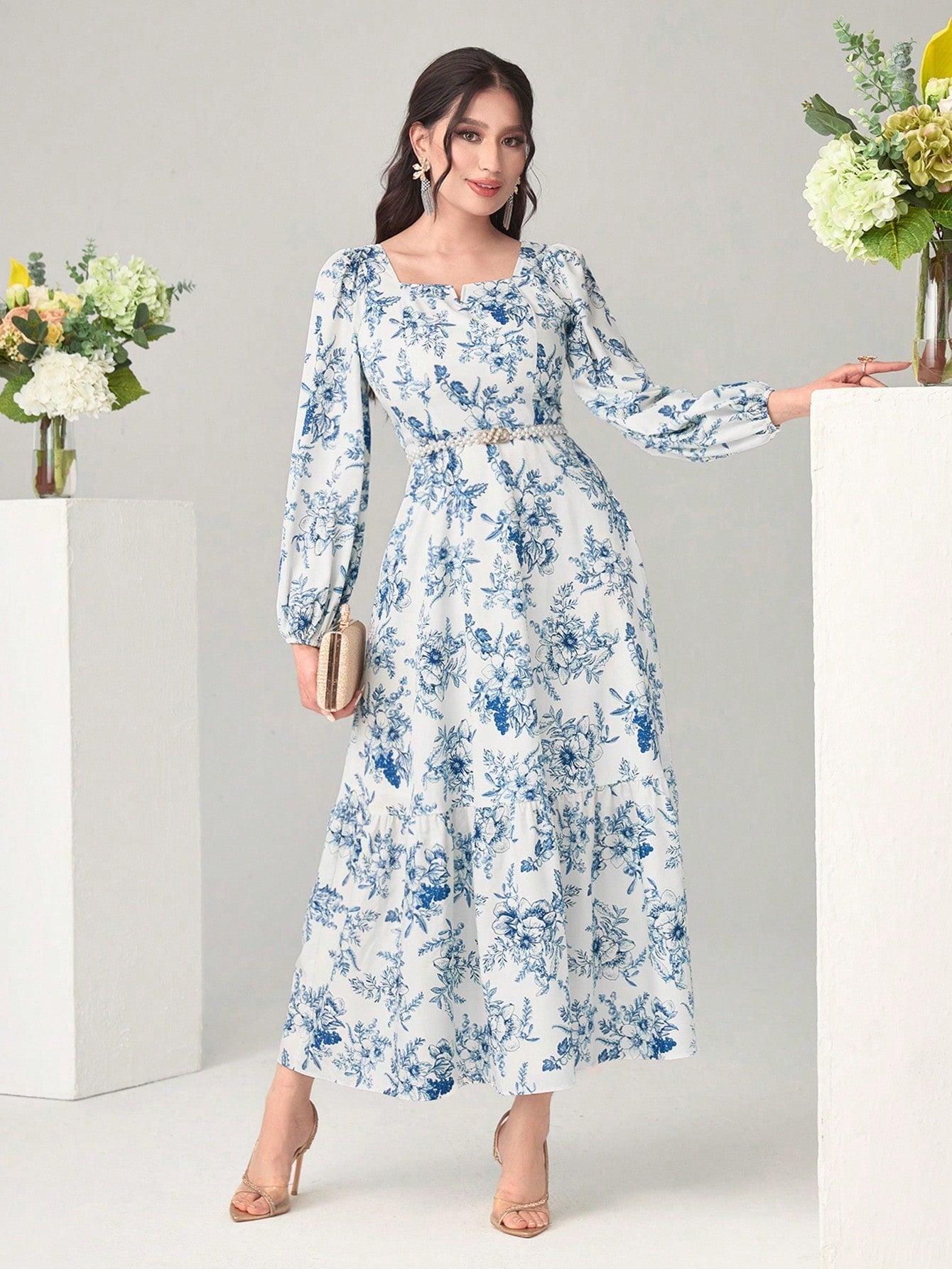 Buy SHEIN Modely Floral Print Notched Neck Lantern Sleeve Ruffle Hem Dress Without Belt in Pakistan