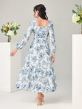 Buy SHEIN Modely Floral Print Notched Neck Lantern Sleeve Ruffle Hem Dress Without Belt in Pakistan