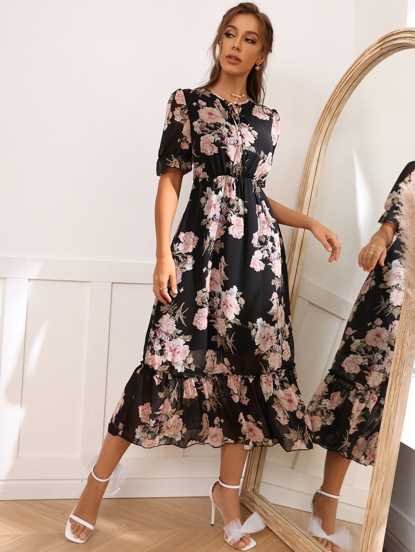 Buy SHEIN Modely Floral Print Tie Front Flounce Sleeve Dress in Pakistan