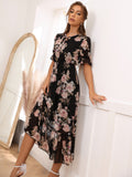 Buy SHEIN Modely Floral Print Tie Front Flounce Sleeve Dress in Pakistan