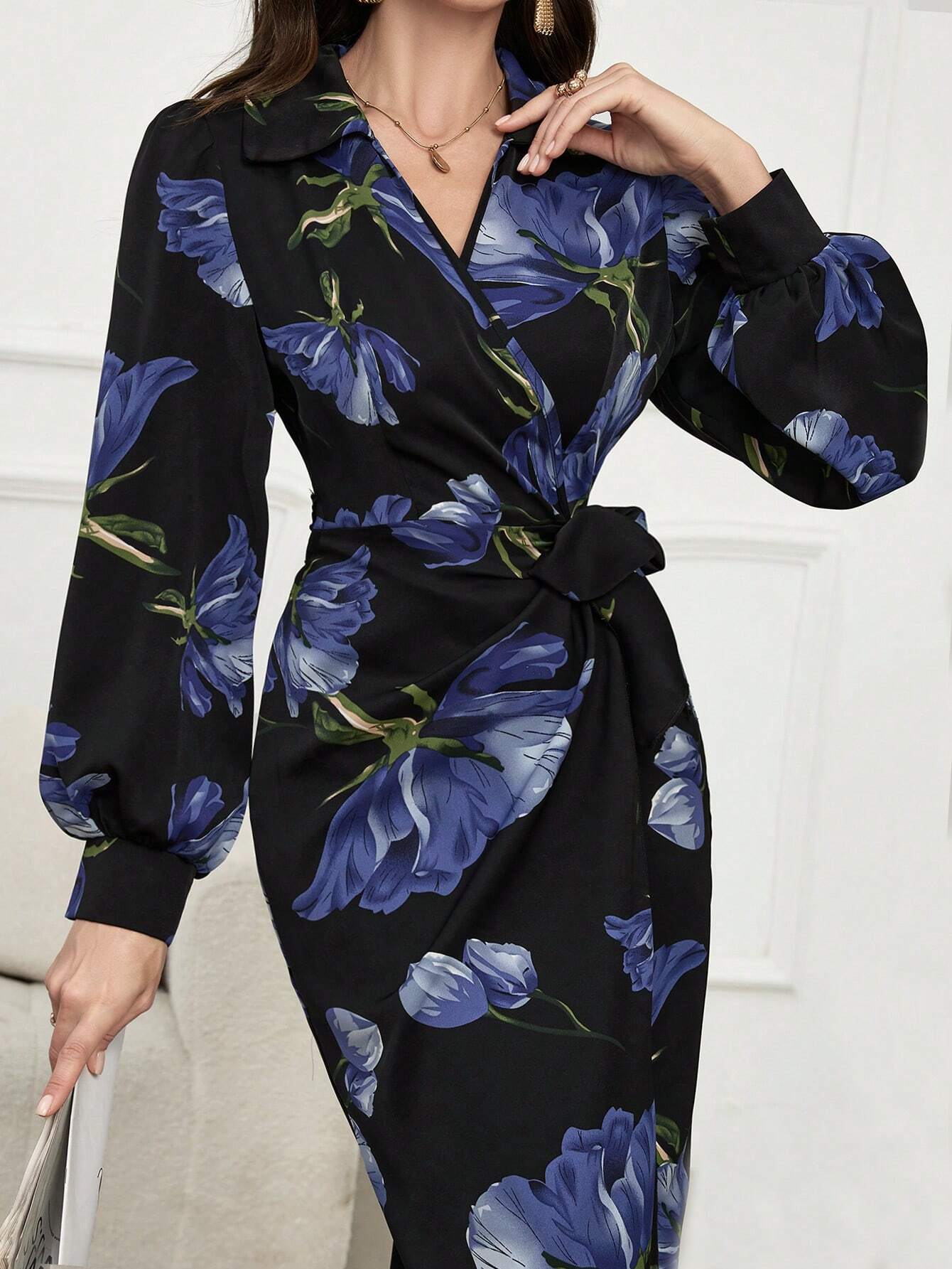 Buy SHEIN Modely Floral Print V-Neck Wrap-Around Tie-Front Elegant Long Sleeve Dress in Pakistan
