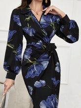 Buy SHEIN Modely Floral Print V-Neck Wrap-Around Tie-Front Elegant Long Sleeve Dress in Pakistan