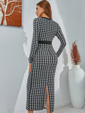 Buy SHEIN Modely Houndstooth Single Breasted Slit Back Bodycon Dress in Pakistan