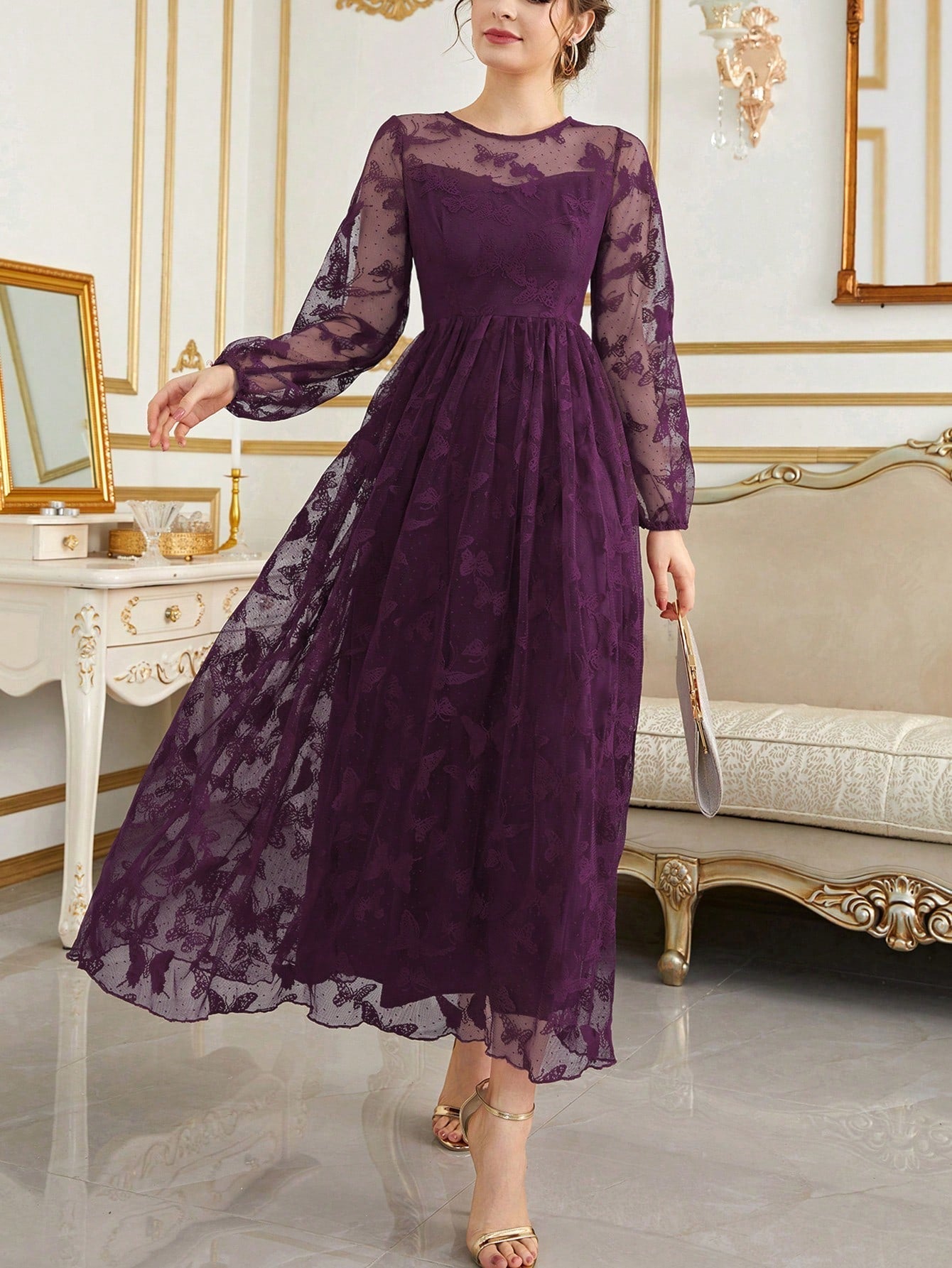 Buy SHEIN Modely Lantern Sleeve Embroidery Mesh Dress in Pakistan