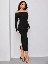 Buy SHEIN Modely Off Shoulder Frill Trim Split Back Glitter Bodycon Dress in Pakistan