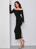 Buy SHEIN Modely Off Shoulder Frill Trim Split Back Glitter Bodycon Dress in Pakistan