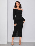 Buy SHEIN Modely Off Shoulder Frill Trim Split Back Glitter Bodycon Dress in Pakistan