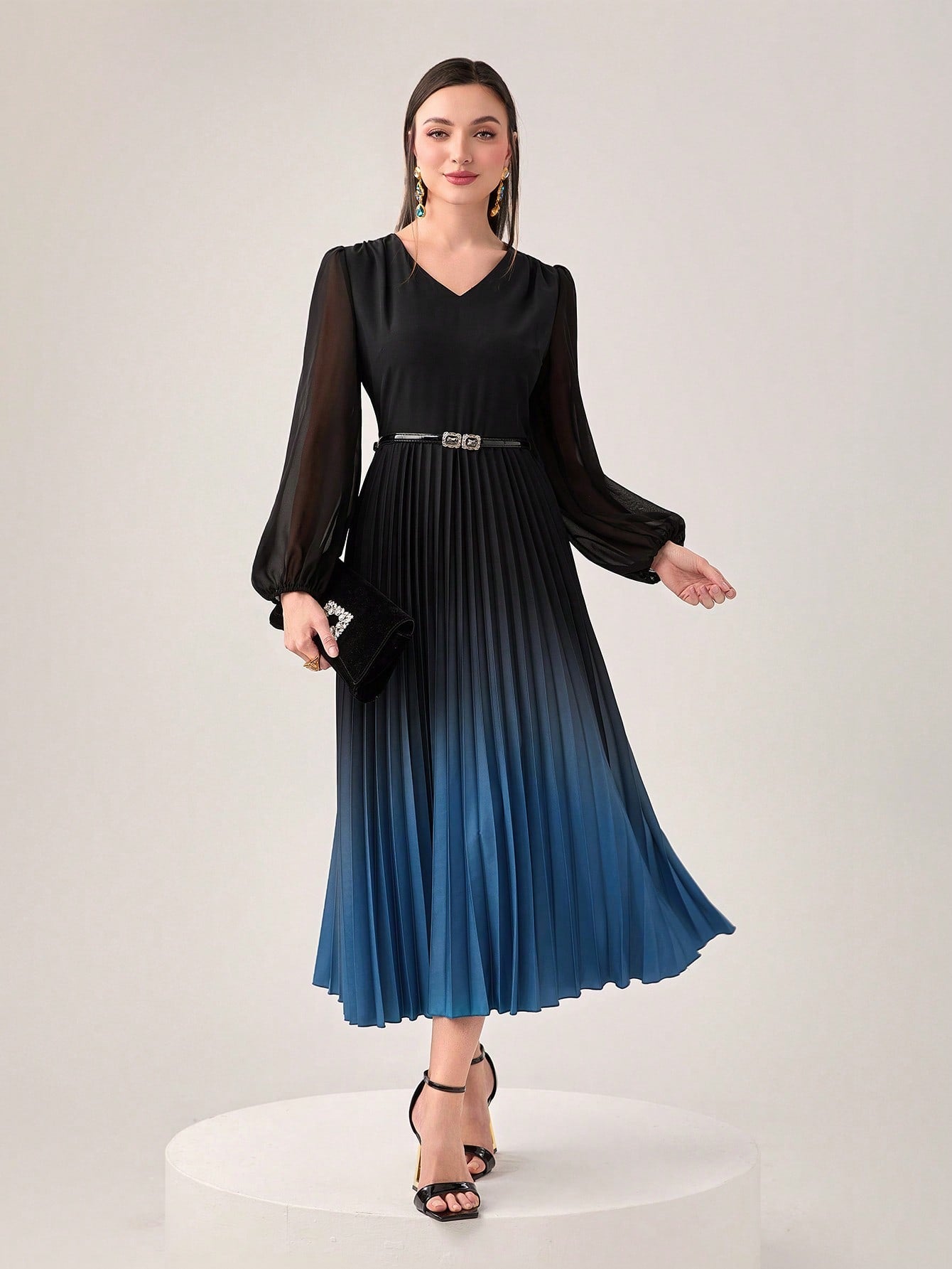 Buy SHEIN Modely Ombre Print Lantern Sleeve Pleated Hem Dress Without Belt in Pakistan