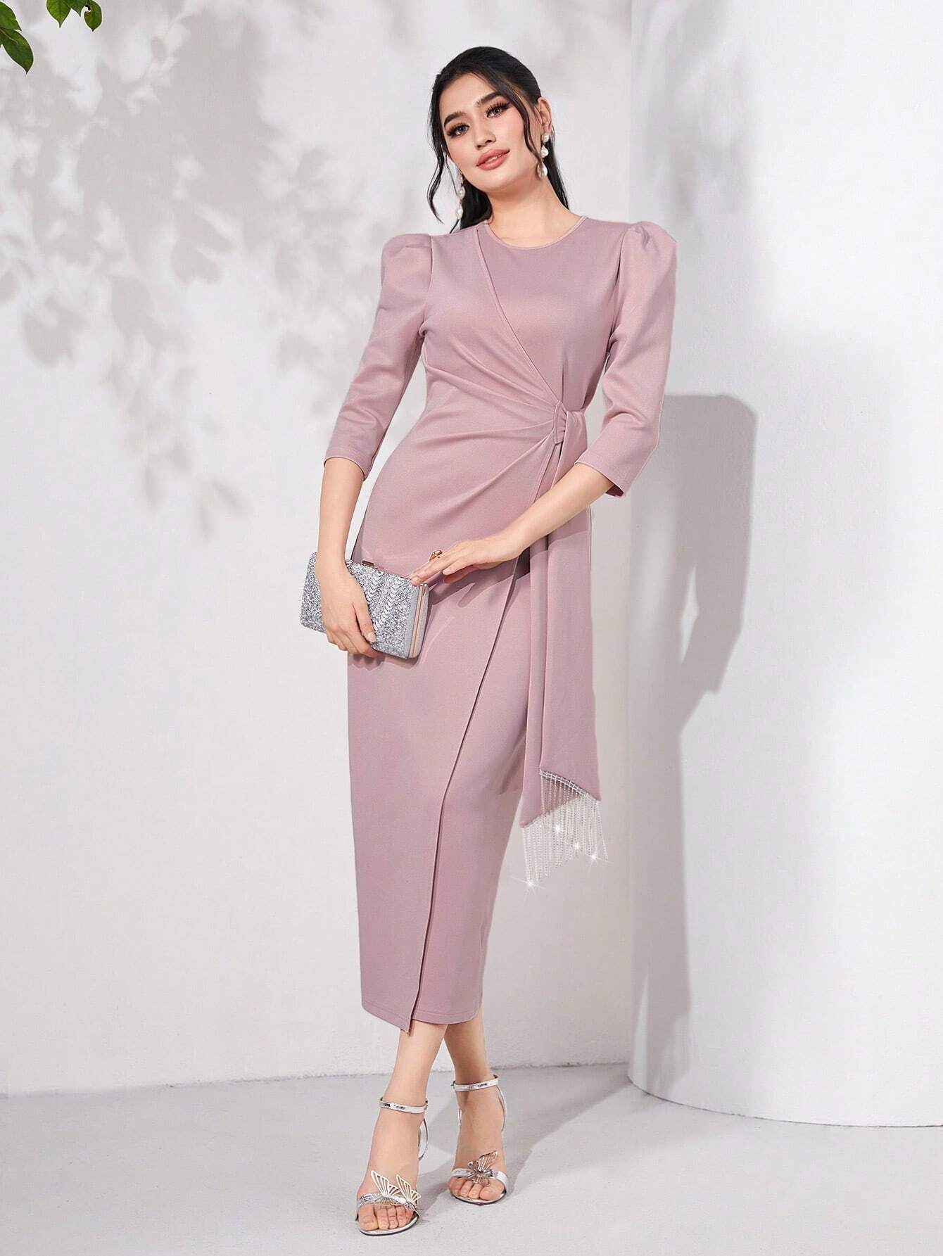 Buy SHEIN Modely Puff Sleeve Draped Side Wrap Hem Dress in Pakistan