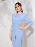 Buy SHEIN Modely Puff Sleeve Draped Side Wrap Hem Dress in Pakistan