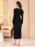 Buy SHEIN Modely Sequin Gigot Sleeve Split Back Ruched Bodycon Dress in Pakistan