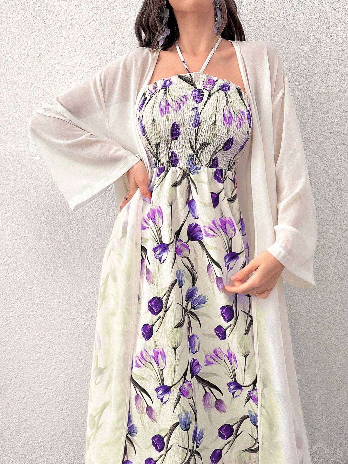 Buy SHEIN Modely Women's Printed Mesh Shawl Jacket And Neck-Hanging Dress Two-Piece Set in Pakistan