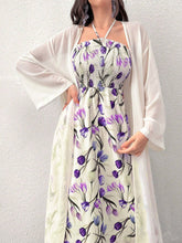 Buy SHEIN Modely Women's Printed Mesh Shawl Jacket And Neck-Hanging Dress Two-Piece Set in Pakistan