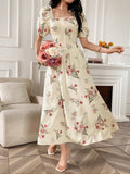 Buy SHEIN Modely Women's Random Printed Simple Everyday Dress With Square Neckline And Short Sleeves Maxi Women Outfit Long Evening Dresses in Pakistan