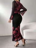Buy SHEIN Modely Women's Round Neck Long Sleeve Floral Print Elegant Chiffon Dress Maxi Women Outfit in Pakistan