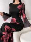 Buy SHEIN Modely Women's Round Neck Long Sleeve Floral Print Elegant Chiffon Dress Maxi Women Outfit in Pakistan