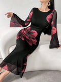Buy SHEIN Modely Women's Round Neck Long Sleeve Floral Print Elegant Chiffon Dress Maxi Women Outfit in Pakistan