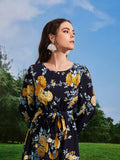 Buy SHEIN Mulvari Floral Print Lantern Sleeve Belted Dress in Pakistan